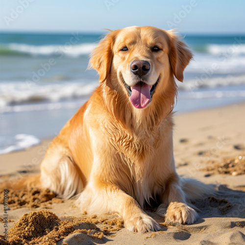 Golden retriever sitting on sand at the beach photograph