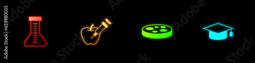 Set Test tube, Genetically modified apple, Petri dish with bacteria and Graduation cap icon. Vector