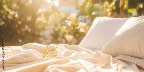 Bed linen on the bed in the morning sun , concept of Warm and cozy photo
