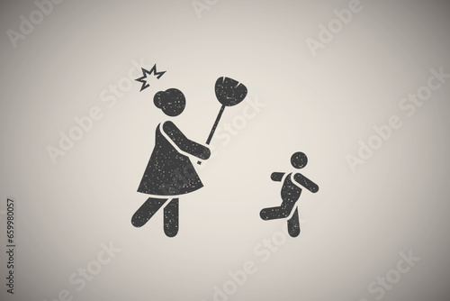Broom, angry, child, mother icon vector illustration in stamp style