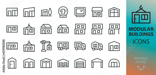 Prefab modular buildings isolated icons set. Set of prefabricated shipping container homes, glamping house, modular construction, barn house, office, garage, toilet, shed vector icon