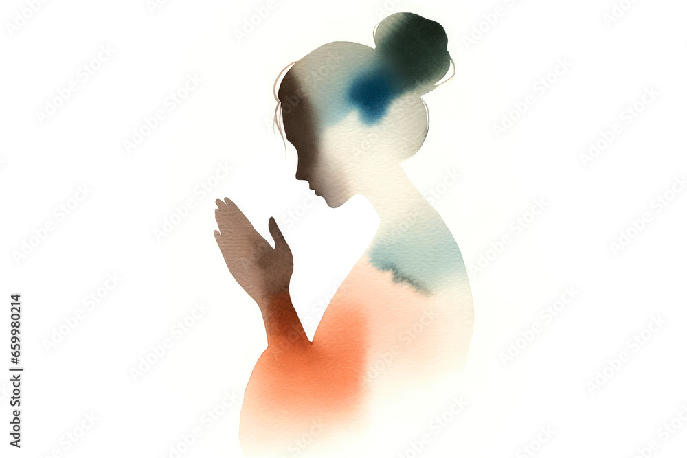 Watercolor illustration of a woman praying - obrazy, fototapety, plakaty 