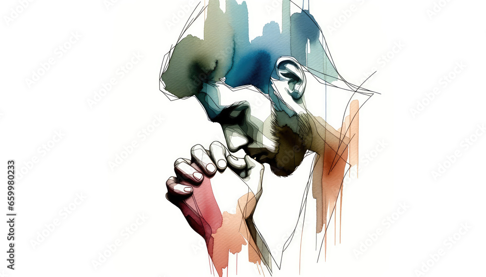 Watercolor illustration of a man praying - obrazy, fototapety, plakaty 