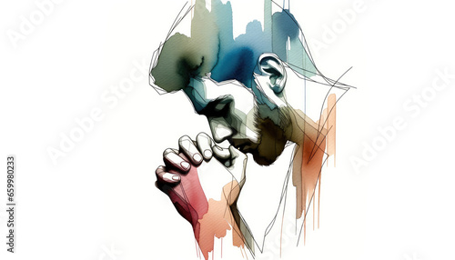 Watercolor illustration of a man praying photo