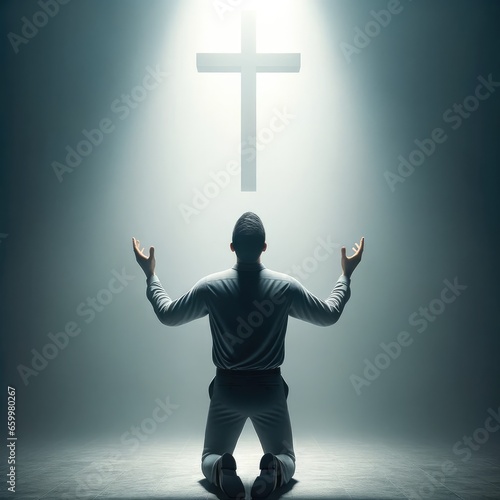 Worship. A man, on his knees, in worship in front of a cross.