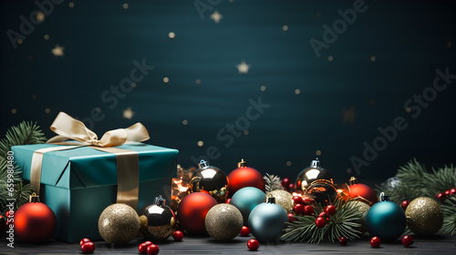 Dark turquoise background with Christmas gift box and wooden candle holder.