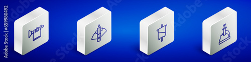 Set Isometric line Trumpet with flag, Battle crossbow arrow, Medieval and Sword in the stone icon. Vector