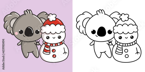 Kawaii Clipart Christmas Koala Bear Illustration and For Coloring Page. Funny Kawaii Xmas Animal.