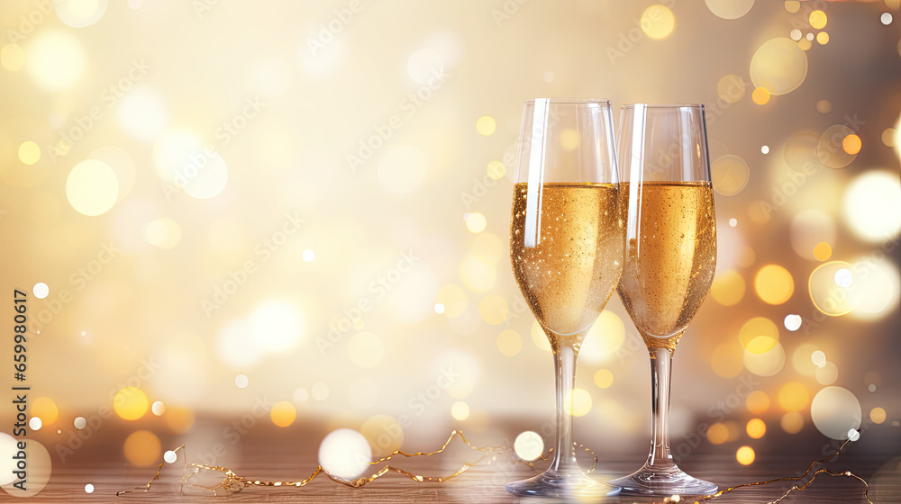two glasses of sparkling wine , golden bokeh two glasses of sparkling wine , golden bokeh