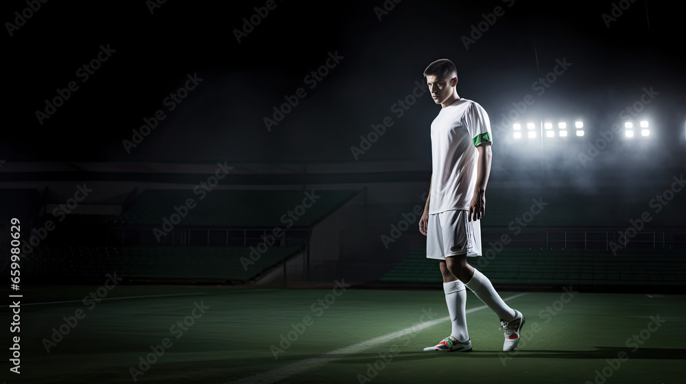 Fototapeta premium soccer player with white jersey walks on the lawn of a stadium, dark composition with the player highlighted by a spotlight, negative space for your text, sport banner 