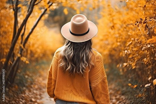 girl in a hat back view, autumn landscape