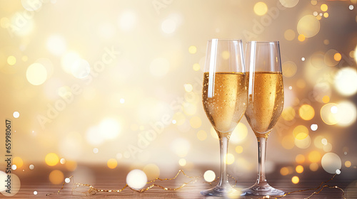 two glasses of sparkling wine , golden bokeh 