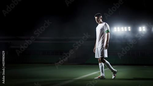 soccer player with white jersey walks on the lawn of a stadium, dark composition with the player highlighted by a spotlight, negative space for your text, sport banner  © THINGDSGN