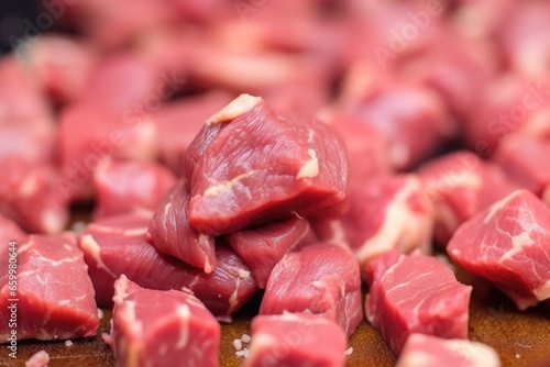 close-up of garlic cloves on raw steak tips