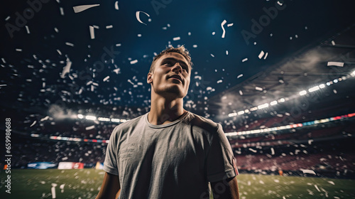 portrait of a sportsman, celebration in a stadium with confetti raining down, low angle shot, fans at the stadium an evening of victory, sport wallpaper © kiddsgn