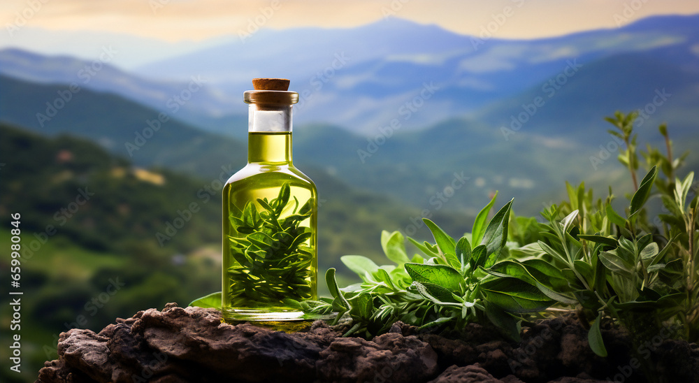 A glass bottle of oil with a cork stopper on a rock with a scenic mountains background. The bottle is filled with a yellow-green oil and has a sprig of rosemary in it. Warm and peaceful mood.