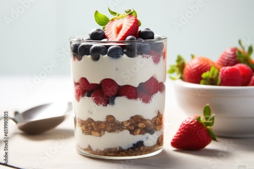 greek yogurt parfait layered with quinoa and berries