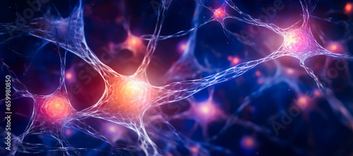 A network of neurons, represented as glowing pink and orange spheres with blue and white tendrils connecting them. Sense of complexity and interconnectedness.
