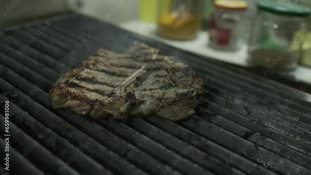 Chunks of meat steaks are grilled with fire Chunks of meat steaks are grilled with fire
