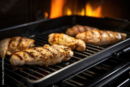 chicken grilling on a stovetop grill pan