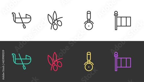 Set line Gondola, Olives branch, Pizza knife and Flag Italy on black and white. Vector