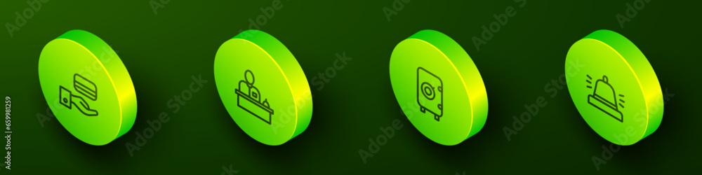 Set Isometric line Digital door lock, Hotel reception desk, Safe and service bell icon. Vector Set Isometric line Digital door lock, Hotel reception desk, Safe and service bell icon. Vector