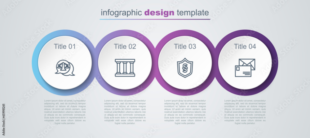 Set line Scales of justice, Prison window, Justice law shield and Envelope. Business infographic template. Vector Set line Scales of justice, Prison window, Justice law shield and Envelope. Business infographic template. Vector