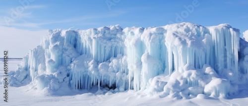 An ice cave with large icicles photo
