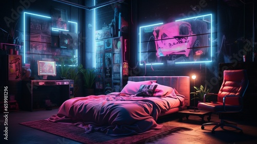 Create a cyberpunk-inspired luxury neon bedroom with neon signs, holographic projections, and an edgy, urban atmosphere.