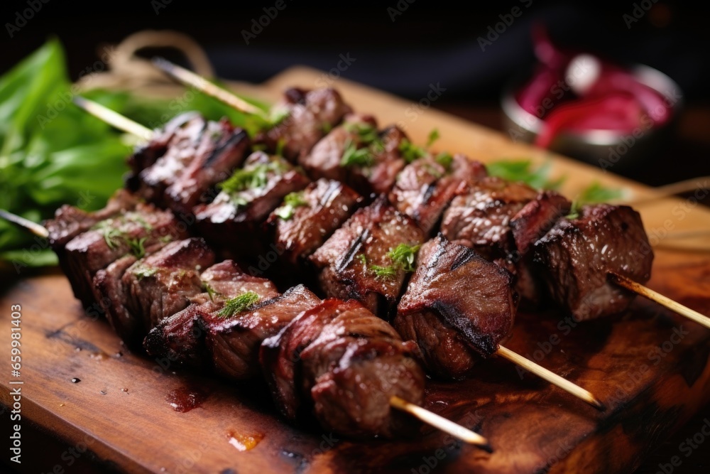 grilled pieces of gyro meat on skewers