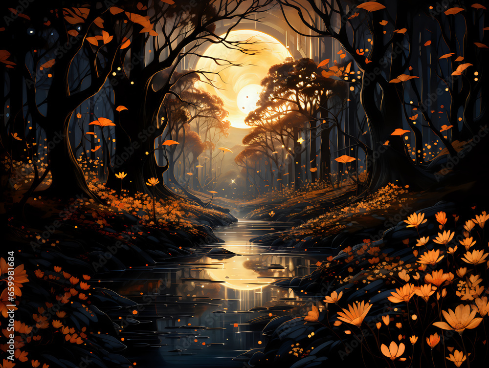 night in the forest, magical scene, gold and black magic forest