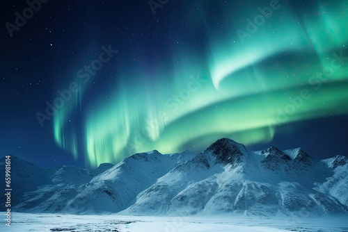 northern lights, winter mountain landscape