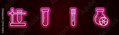 Set line Test tube flask on stand, , and radiation. Glowing neon icon. Vector