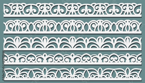 Laser cutting template of openwork vector silhouette. Wedding invitation card with lace border at vintage style. Elegant ornamental vignette on blue background. Cutout paper frame for holiday party.