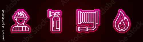 Set line Firefighter, extinguisher, hose reel and flame. Glowing neon icon. Vector