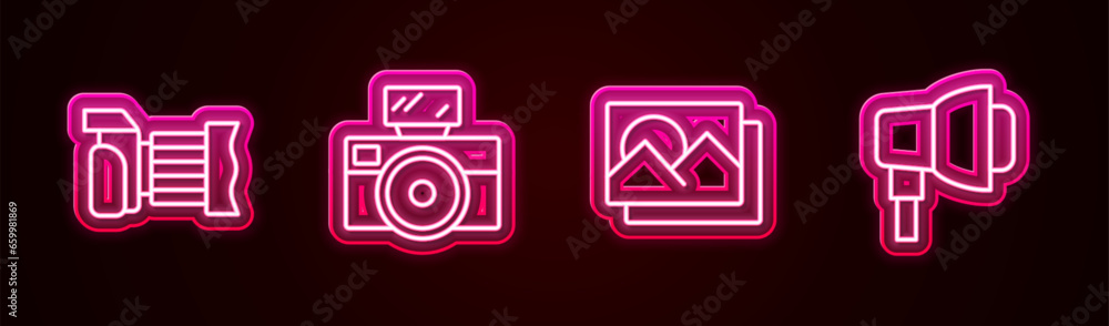 Set line Photo camera, with flash, frame and Softbox light. Glowing neon icon. Vector Set line Photo camera, with flash, frame and Softbox light. Glowing neon icon. Vector
