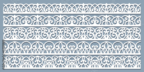 Collection  seamless borders for design. Black lace silhouette isolated on white background. Suitable for laser cutting. Vector illustration.