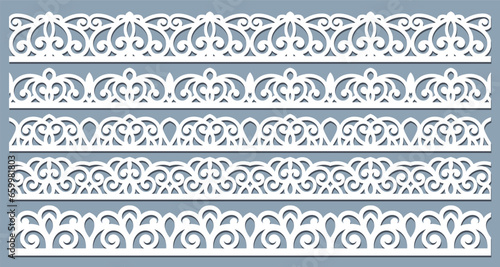 Laser cutting seamless border. Tapestry panel. Jigsaw die cut ornament. Lacy cutout silhouette stencil. Fretwork floral pattern. Vector template for paper cutting, metal and woodcut.