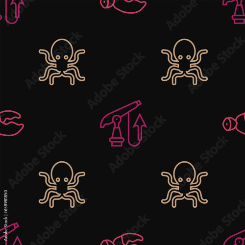 Set line Lobster or crab claw, Octopus and Fishing harpoon on seamless pattern. Vector
