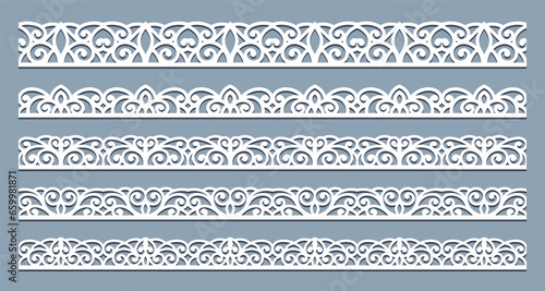 Lace pattern elements. Vintage seamless figured lace borders, beautiful wedding lace decoration. Black lace borders vector illustration set. Seamless black gorgeous stripe, delicate simple pattern