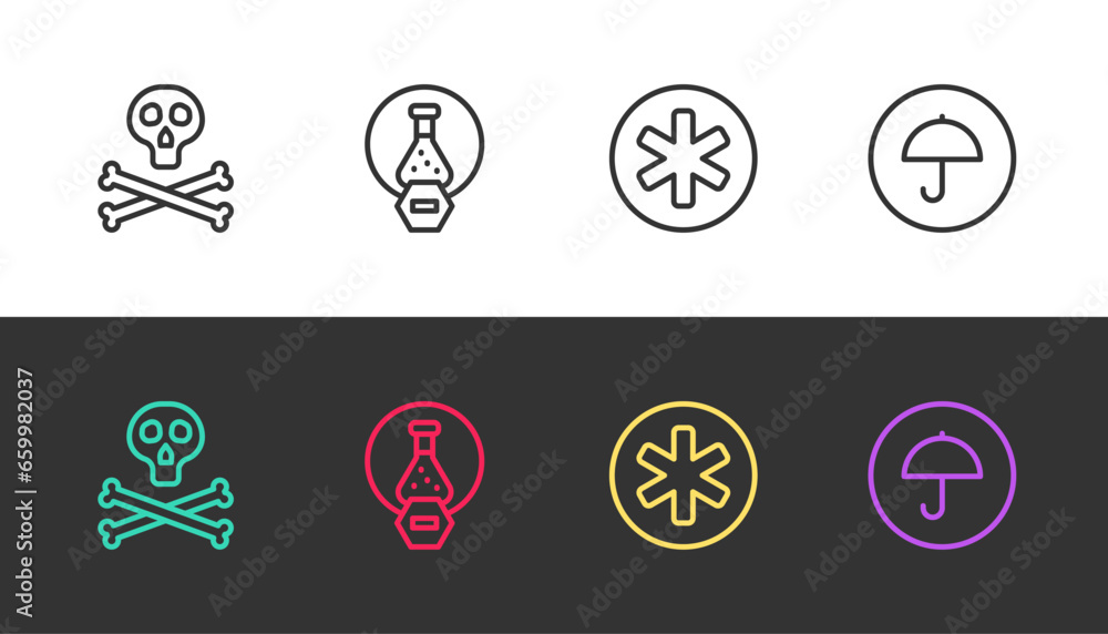 Set line Bones and skull warning, Test tube flask, Medical symbol of the Emergency and Delivery package with umbrella on black and white. Vector Set line Bones and skull warning, Test tube flask, Medical symbol of the Emergency and Delivery package with umbrella on black and white. Vector