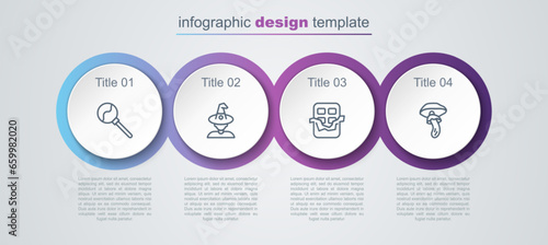 Set line Lollipop, Witch, Chocolate bar and Psilocybin mushroom. Business infographic template. Vector