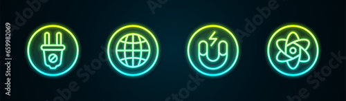Set line Electric plug, Social network, Magnet and Test tube and flask. Glowing neon icon. Vector