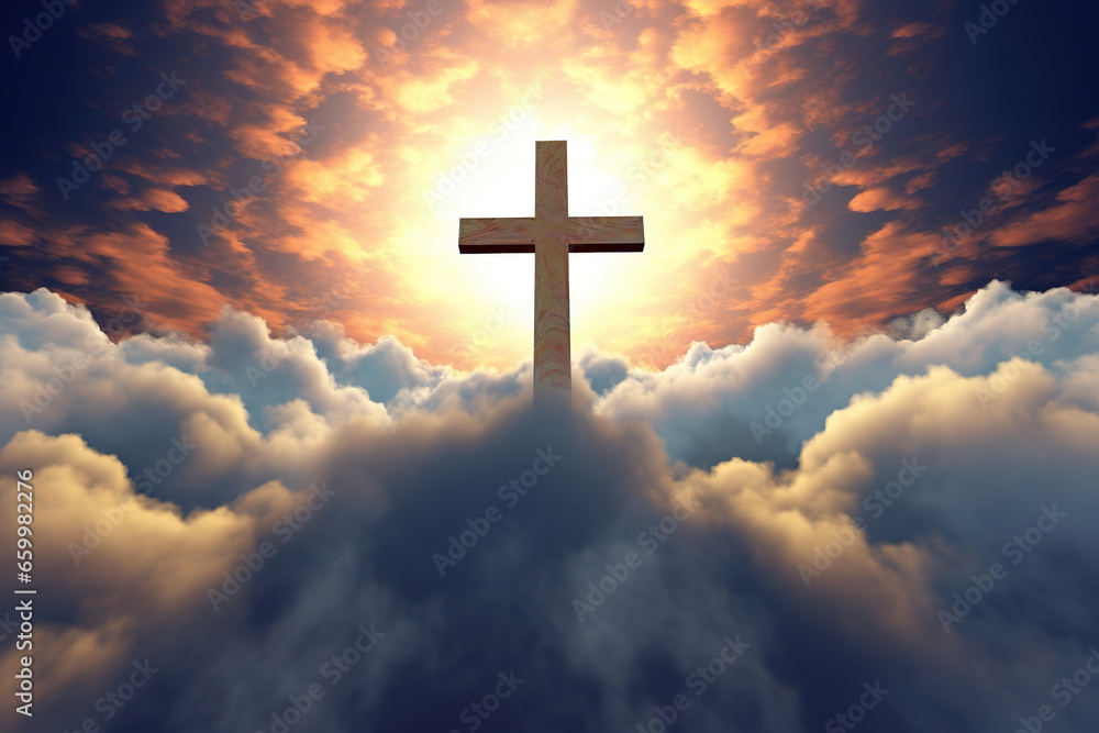 holy cross symbolizing death and resurrection of Jesus Christ over sky