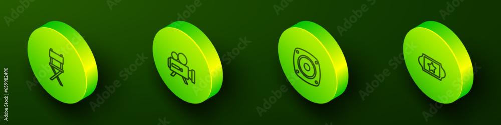 Set Isometric line Director movie chair, Retro cinema camera, Stereo speaker and Cinema ticket icon. Vector