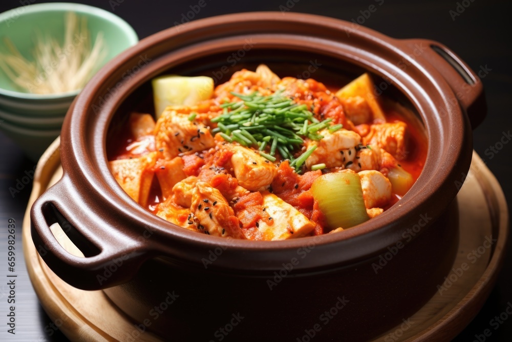 korean spicy kimchi soup in a clay pot