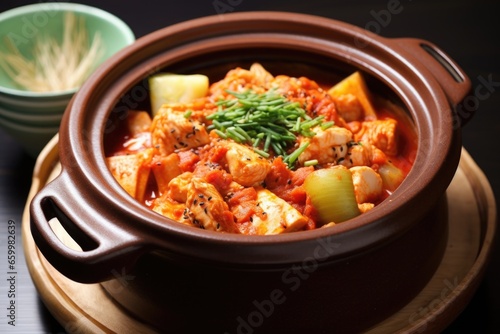 korean spicy kimchi soup in a clay pot