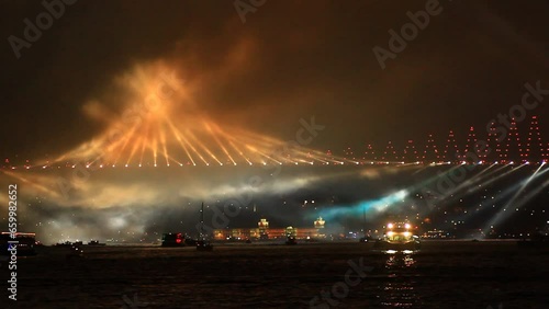 Running lights over Bosporus Bridge on October, 29 Festival Day in Istanbul, Turkey. Light Show with Republic Day March
 photo