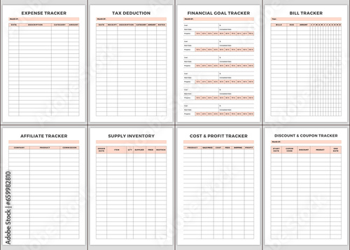 Minimalist planner pages templates.Expense Tracker,Tax Deduction,Financial Goal Tracker,Bill Tracker,Affiliate Tracker,Supply Inventory,Cost & Profit Tracker,Discount & Coupon Tracker,