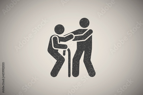 Old man walk help boy icon vector illustration in stamp style